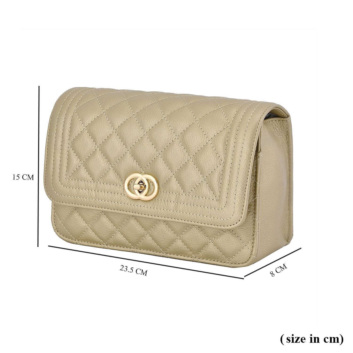 Genuine Leather Couture Quilted Diamond Pattern Shoulder Bag with Panther Link Strap - Gold
