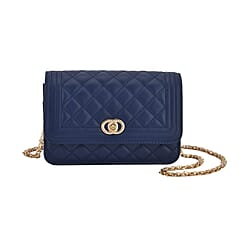 Genuine Leather Diamond Patterned Shoulder Bag with Chain Strap (Size 23x15x8 cm) - Black