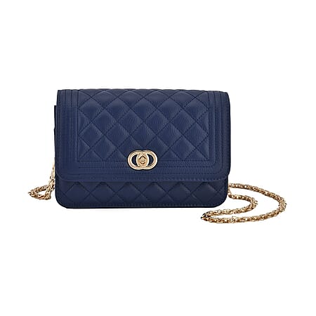 Closeout Deal - Genuine Leather Quilted Diamond Pattern Shoulder Bag with Panther Link Strap - Navy Blue