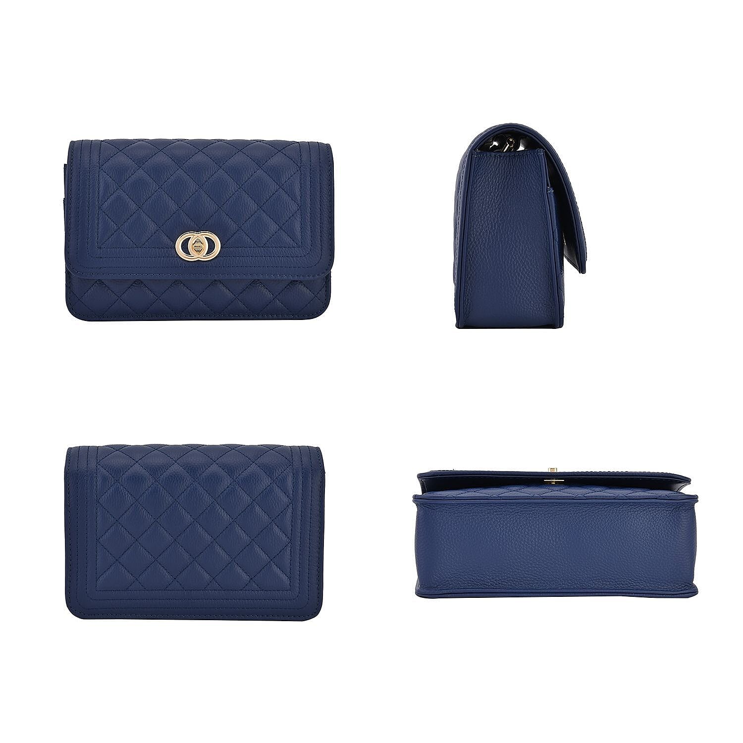 Milan Mega Designer Closeout -  Genuine Leather Couture Quilted Diamond Pattern Shoulder Bag with Panther Link Strap - Navy