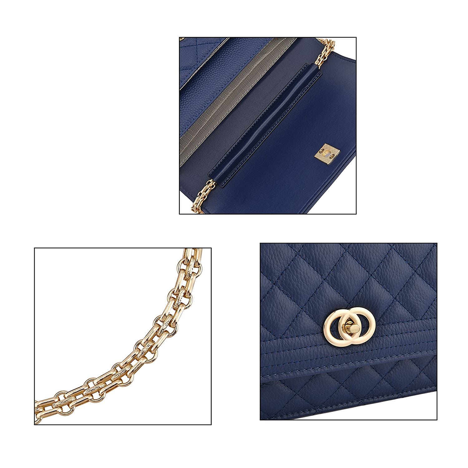 Milan Mega Designer Closeout -  Genuine Leather Couture Quilted Diamond Pattern Shoulder Bag with Panther Link Strap - Navy