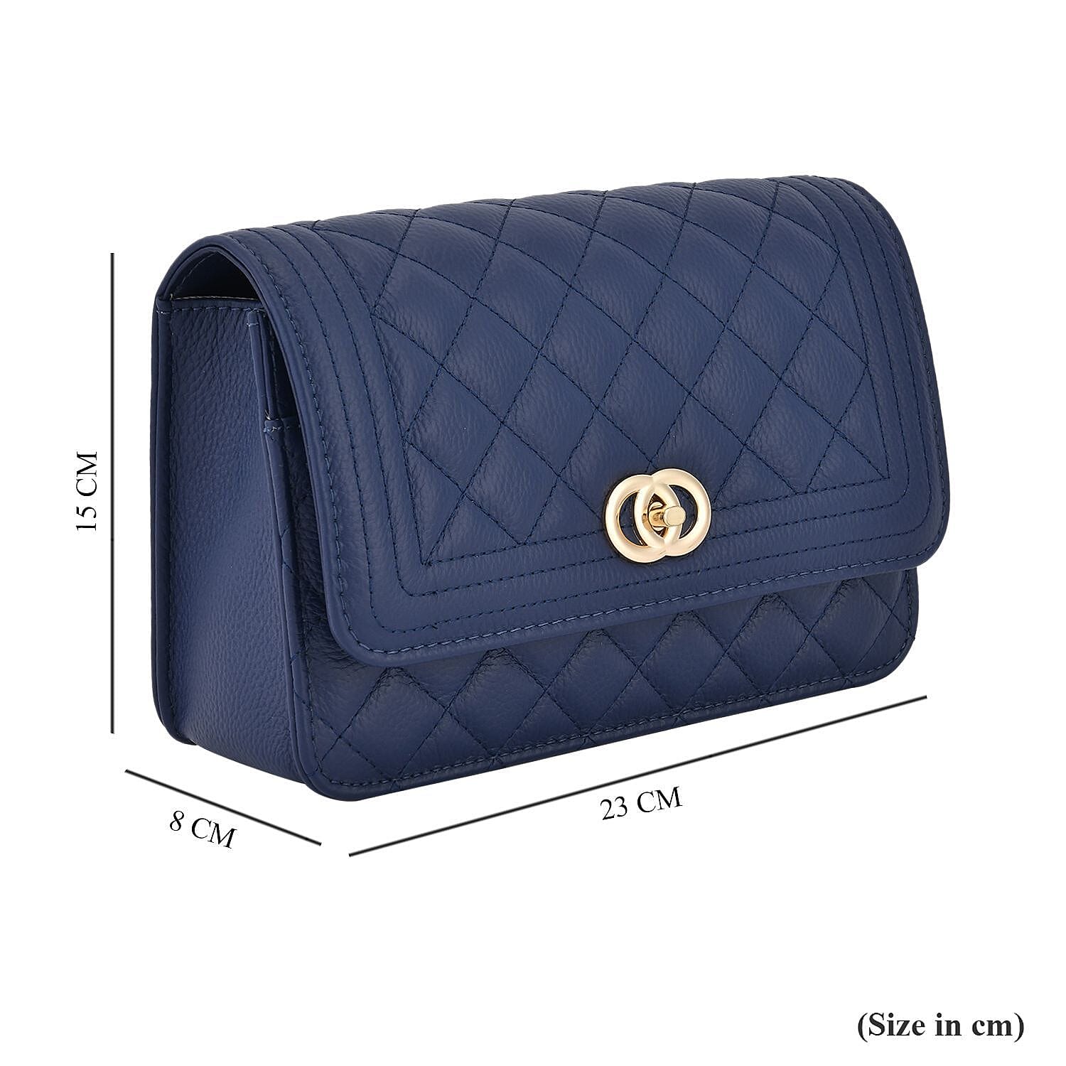 Milan Mega Designer Closeout -  Genuine Leather Couture Quilted Diamond Pattern Shoulder Bag with Panther Link Strap - Navy