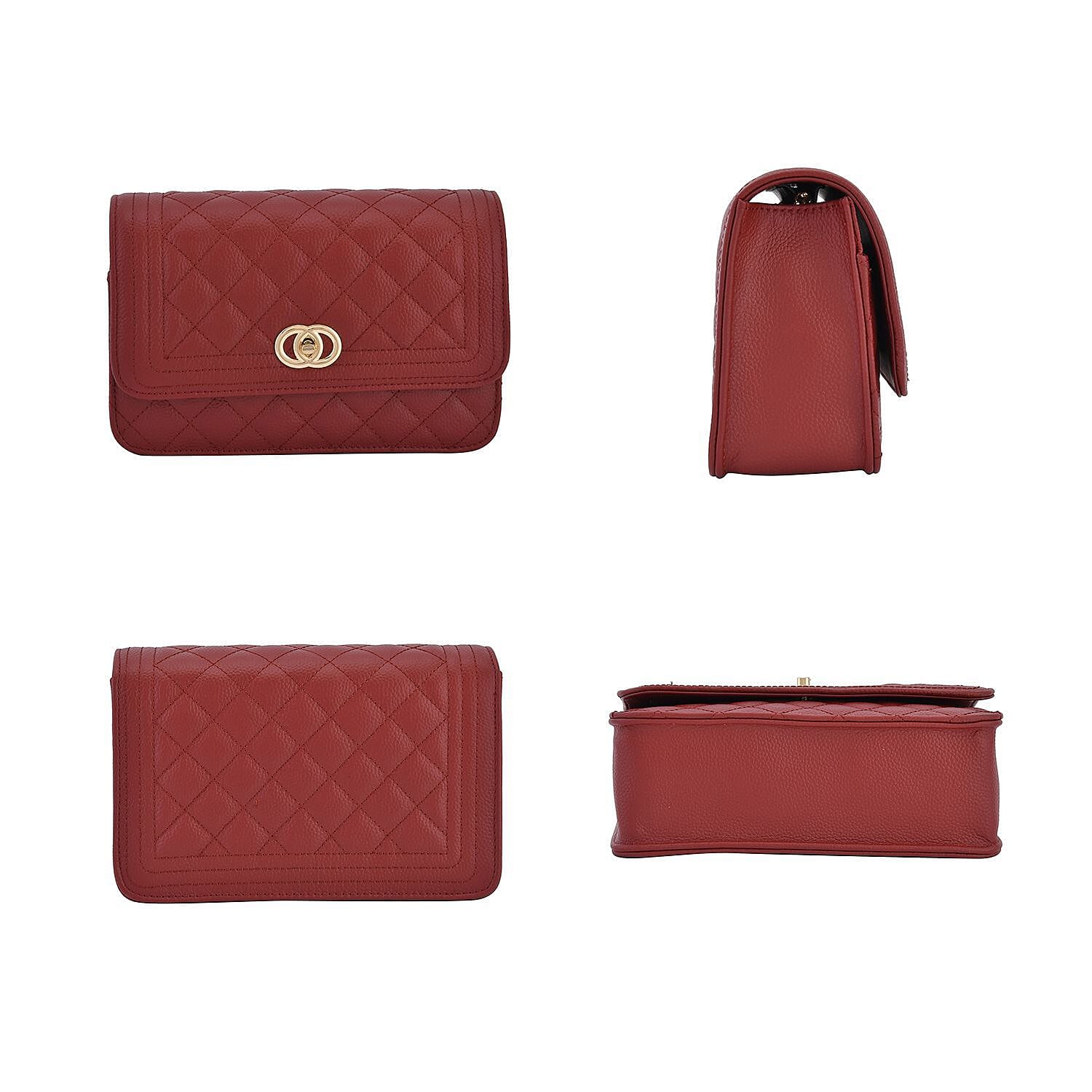 Genuine Leather Couture Quilted Diamond Pattern Shoulder Bag with Panther Link Strap - Ox Blood