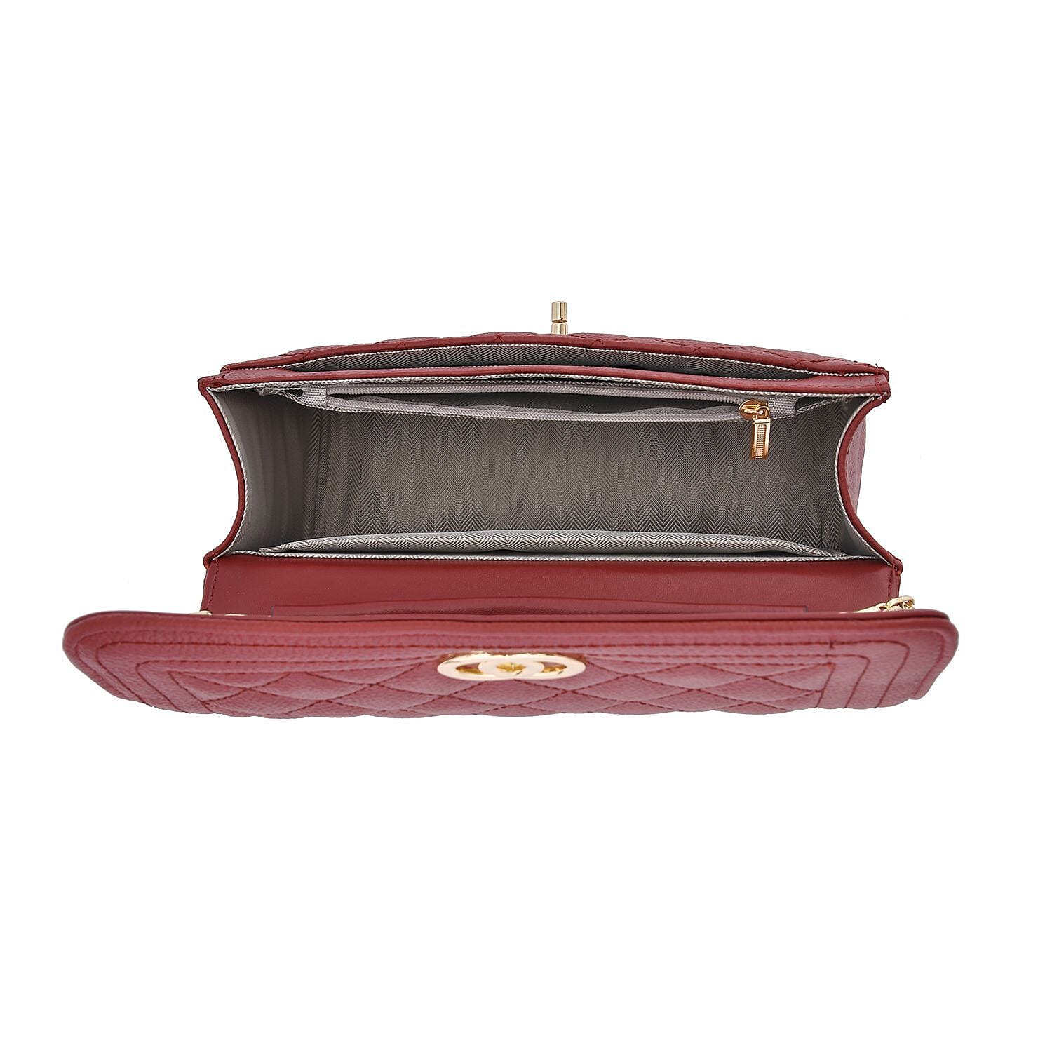 Genuine Leather Couture Quilted Diamond Pattern Shoulder Bag with Panther Link Strap - Ox Blood