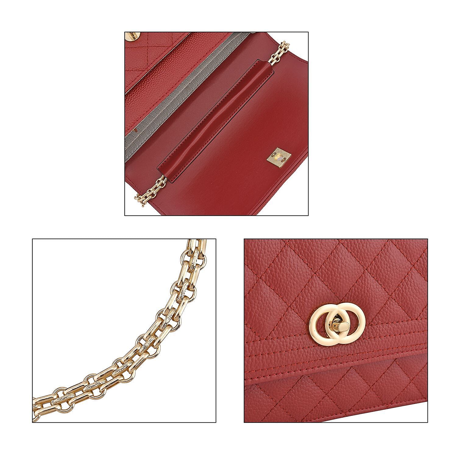 Genuine Leather Couture Quilted Diamond Pattern Shoulder Bag with Panther Link Strap - Ox Blood