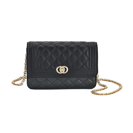 Closeout Deal - Genuine Leather Quilted Diamond Pattern Shoulder Bag with Panther Link Strap - Black