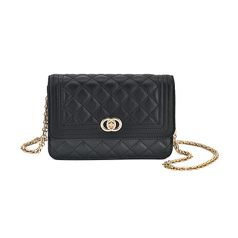 Genuine Leather Couture Quilted Diamond Pattern Shoulder Bag with Panther Link Strap - Black