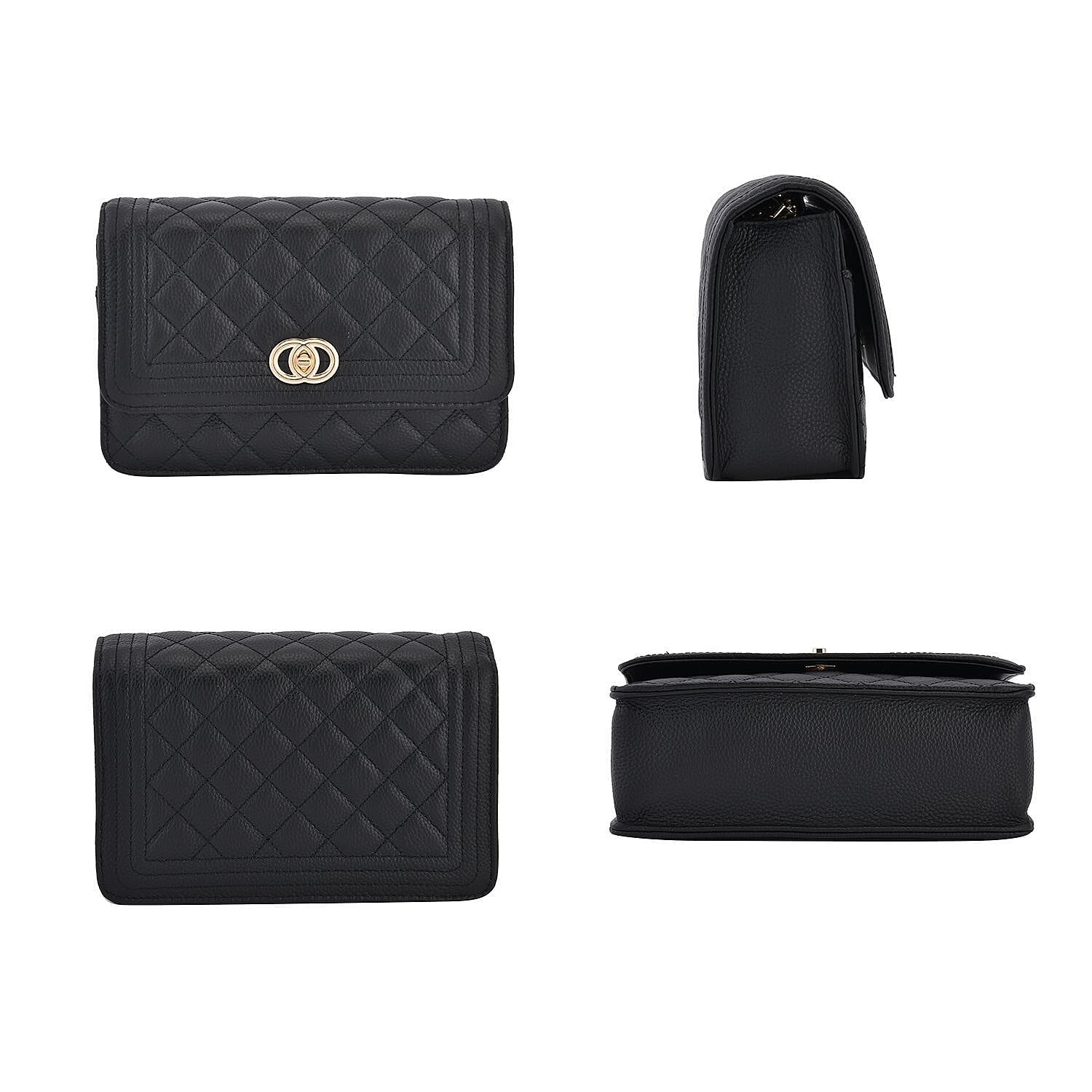 Genuine Leather Couture Quilted Diamond Pattern Shoulder Bag with Panther Link Strap - Black