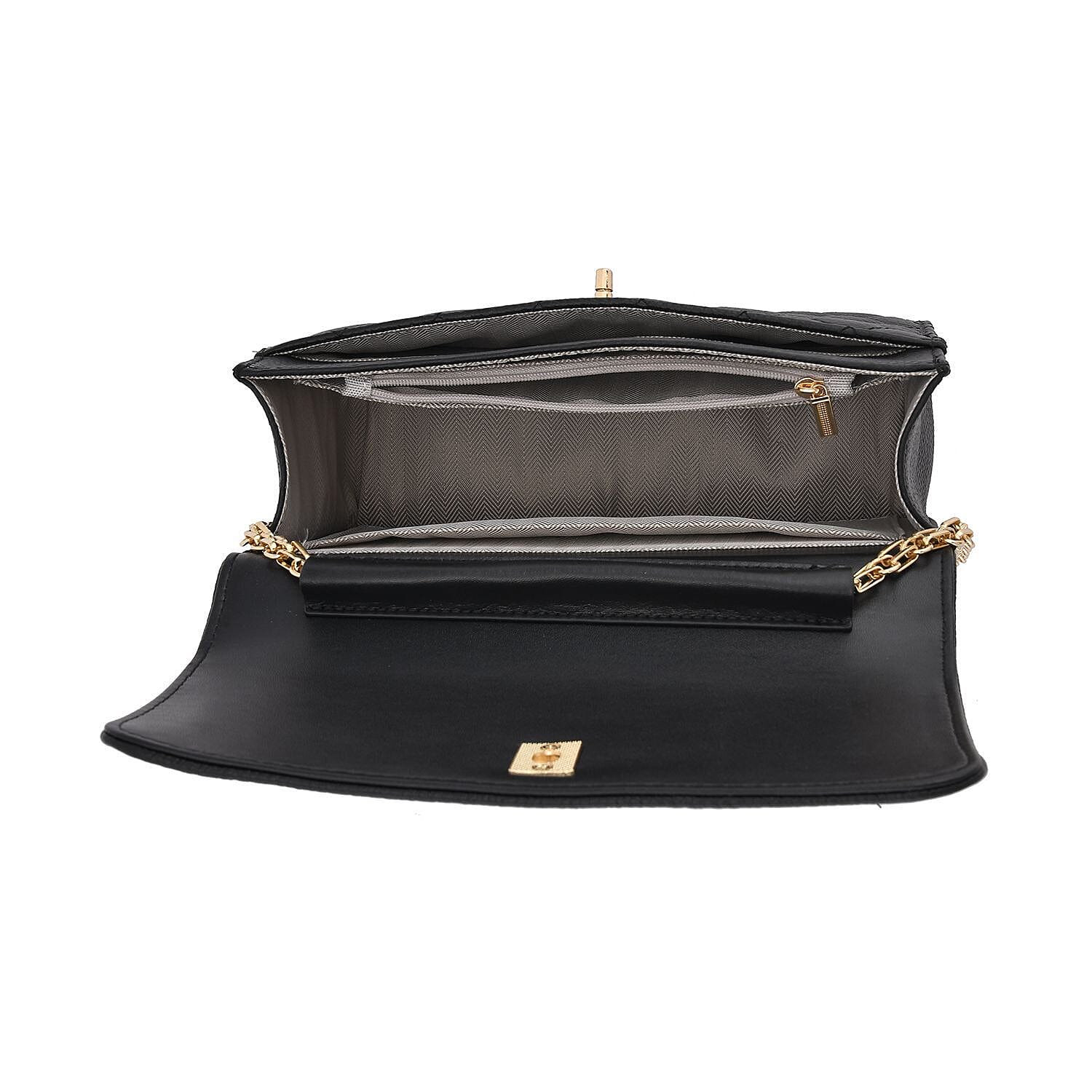 Genuine Leather Couture Quilted Diamond Pattern Shoulder Bag with Panther Link Strap - Black