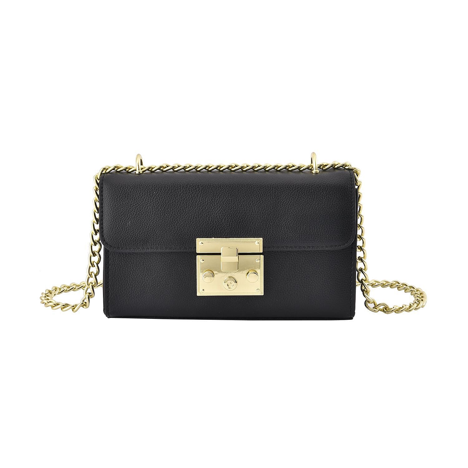 Solid Shoulder Bag with Squeeze Lock Shoulder Strap - Black