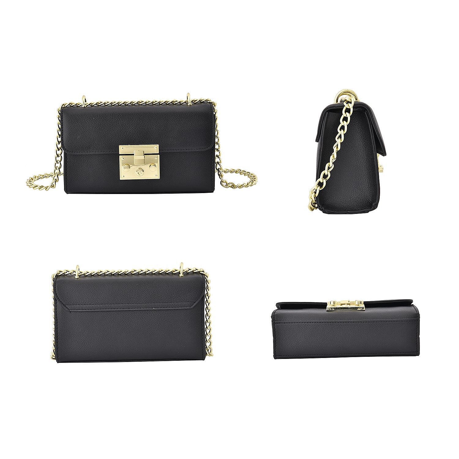 Solid Shoulder Bag with Squeeze Lock Shoulder Strap - Black