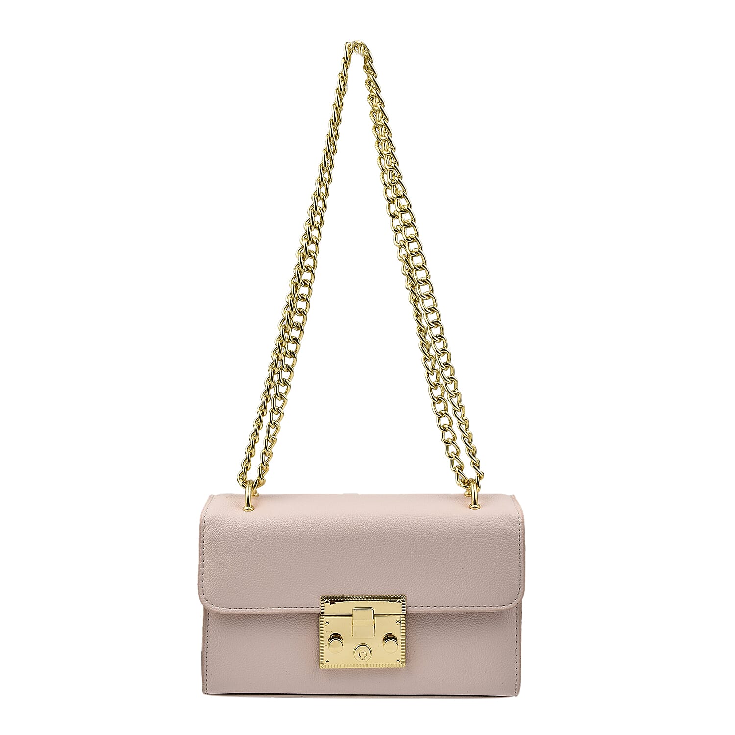 Solid Shoulder Bag with Squeeze Lock and Chain Strap - Light Pink