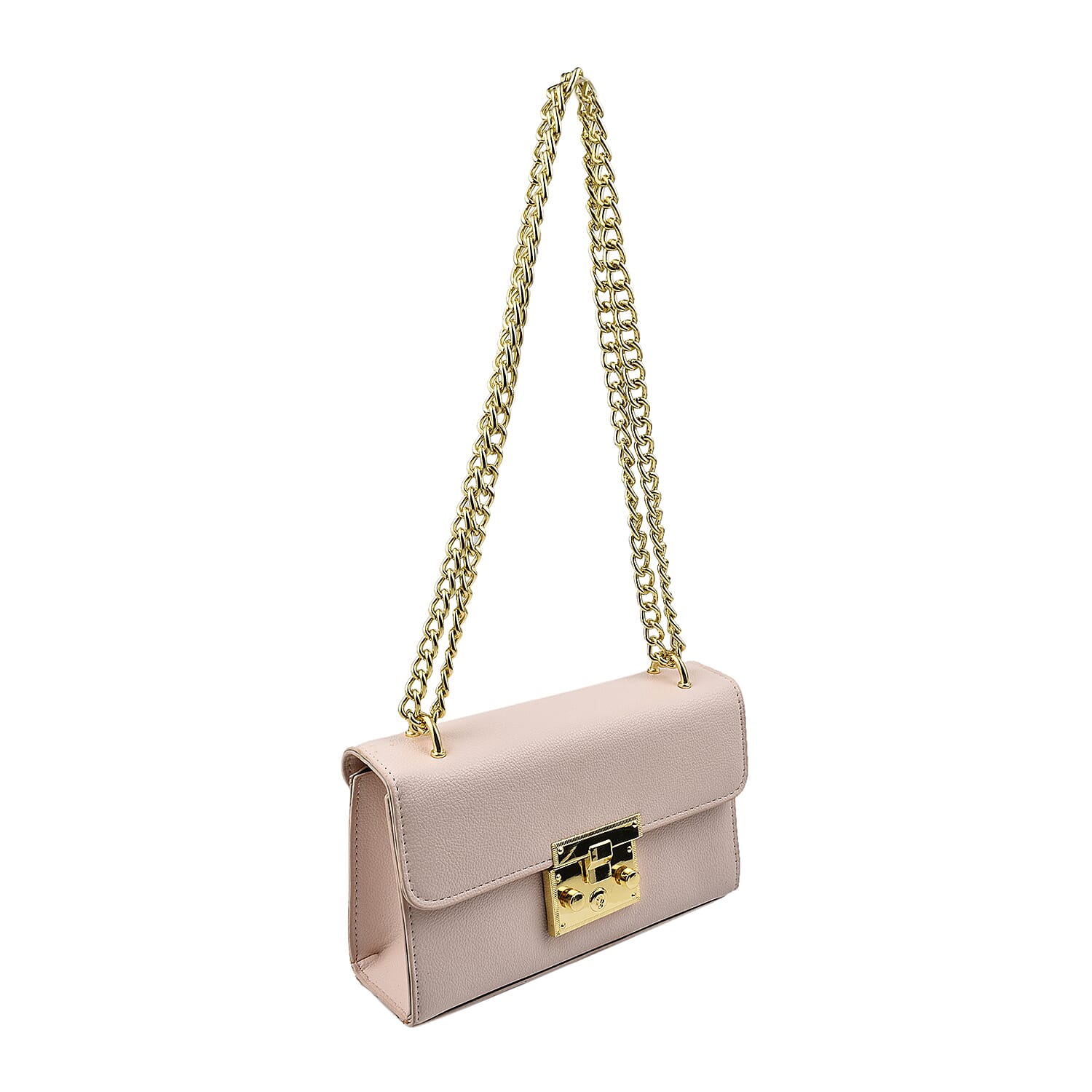 Solid Shoulder Bag with Squeeze Lock and Chain Strap - Light Pink