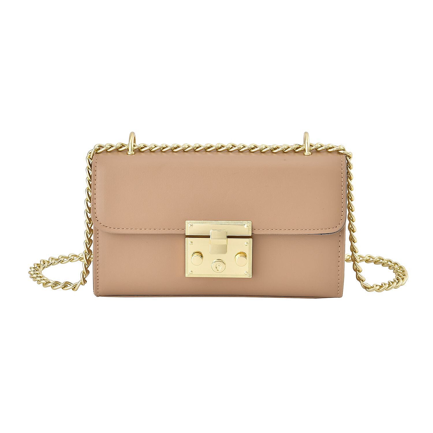 Solid Shoulder Bag with Squeeze Lock and Chain Strap - Nude