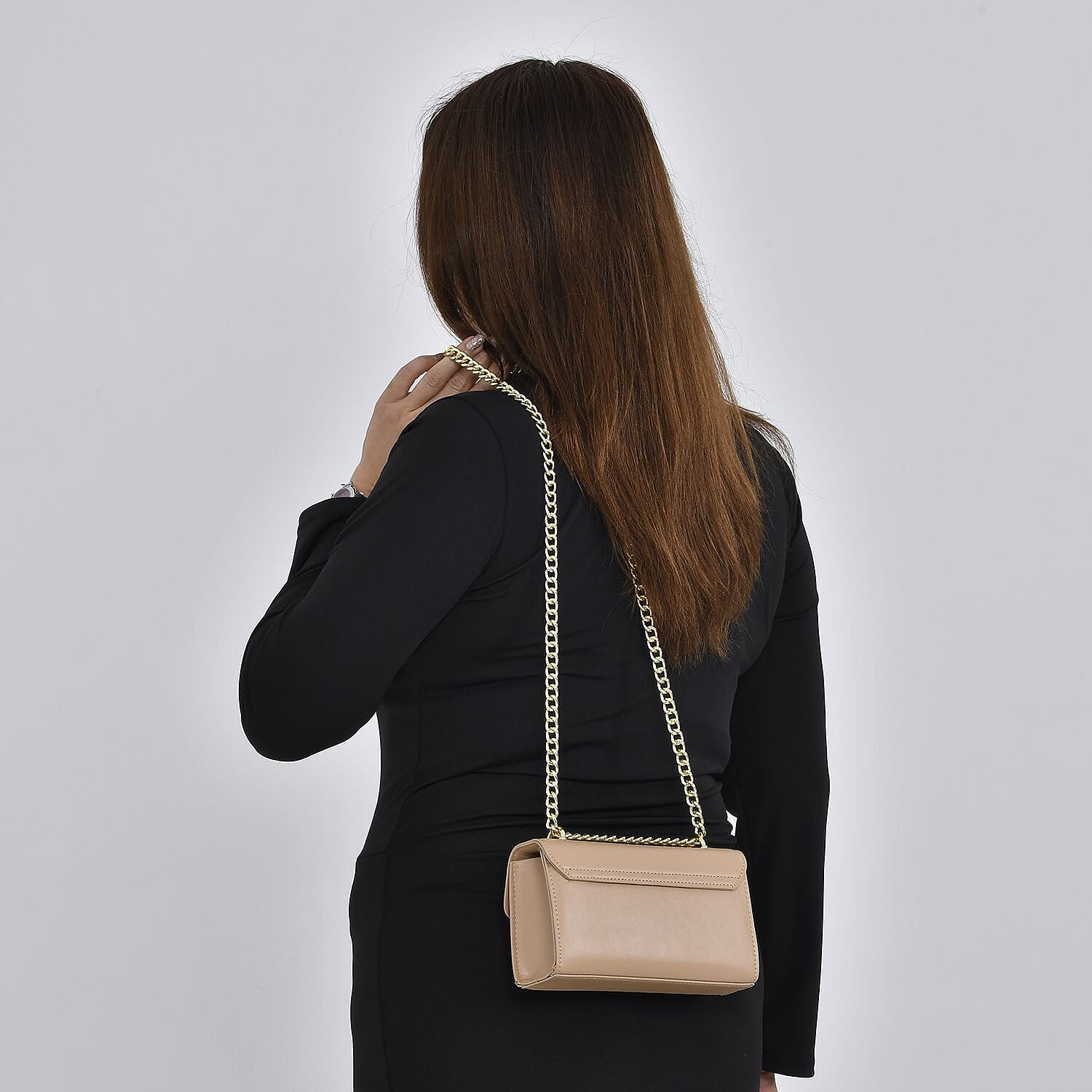 Solid Shoulder Bag with Squeeze Lock and Chain Strap - Nude