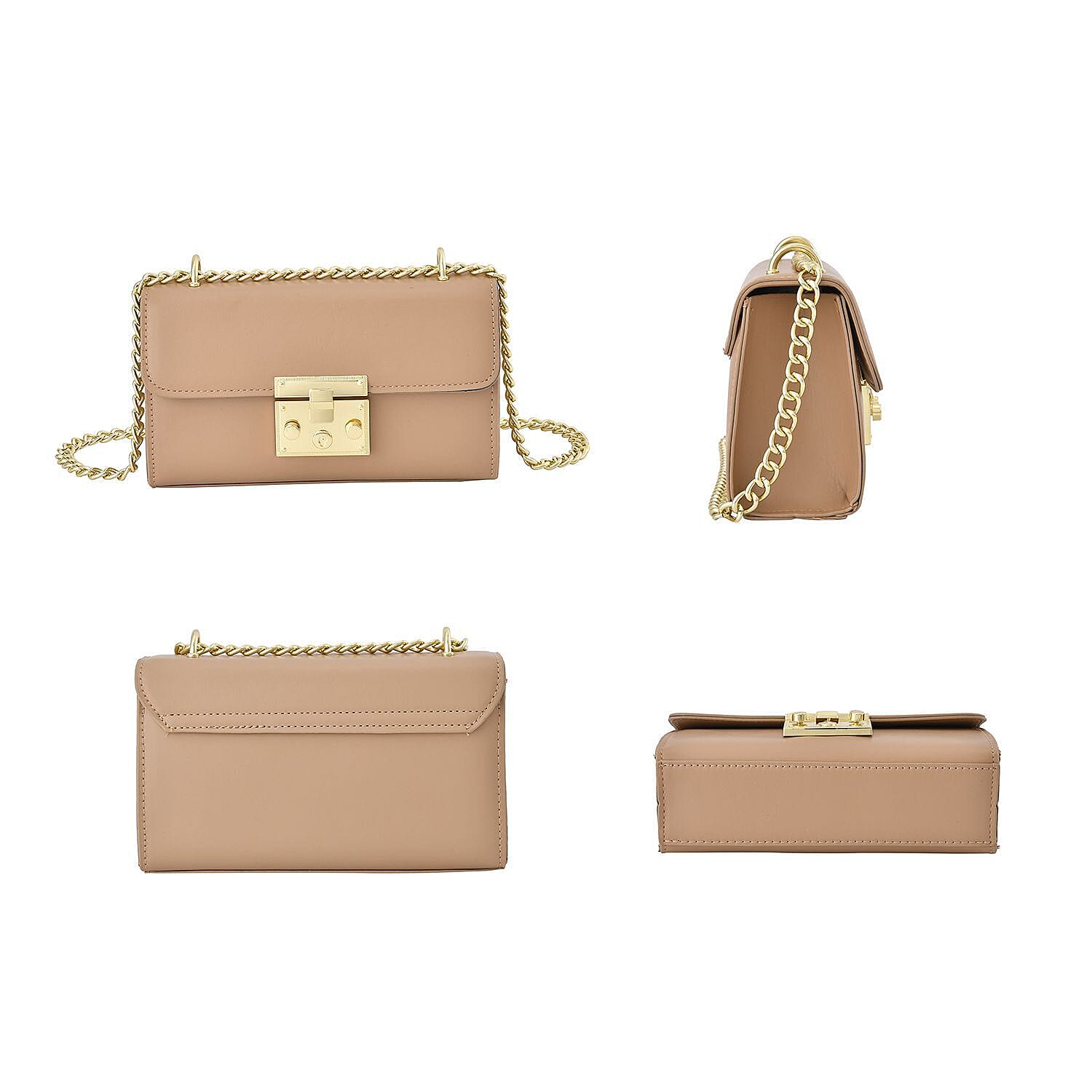 Solid Shoulder Bag with Squeeze Lock and Chain Strap - Nude