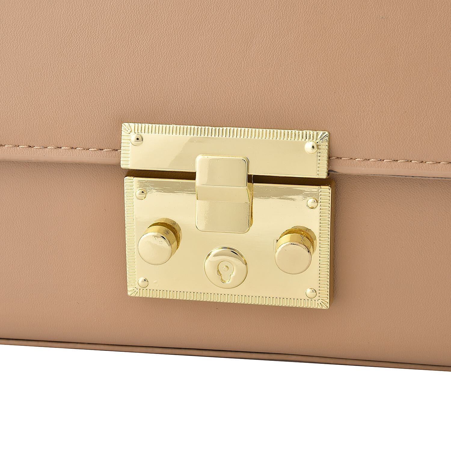 Solid Shoulder Bag with Squeeze Lock and Chain Strap - Nude