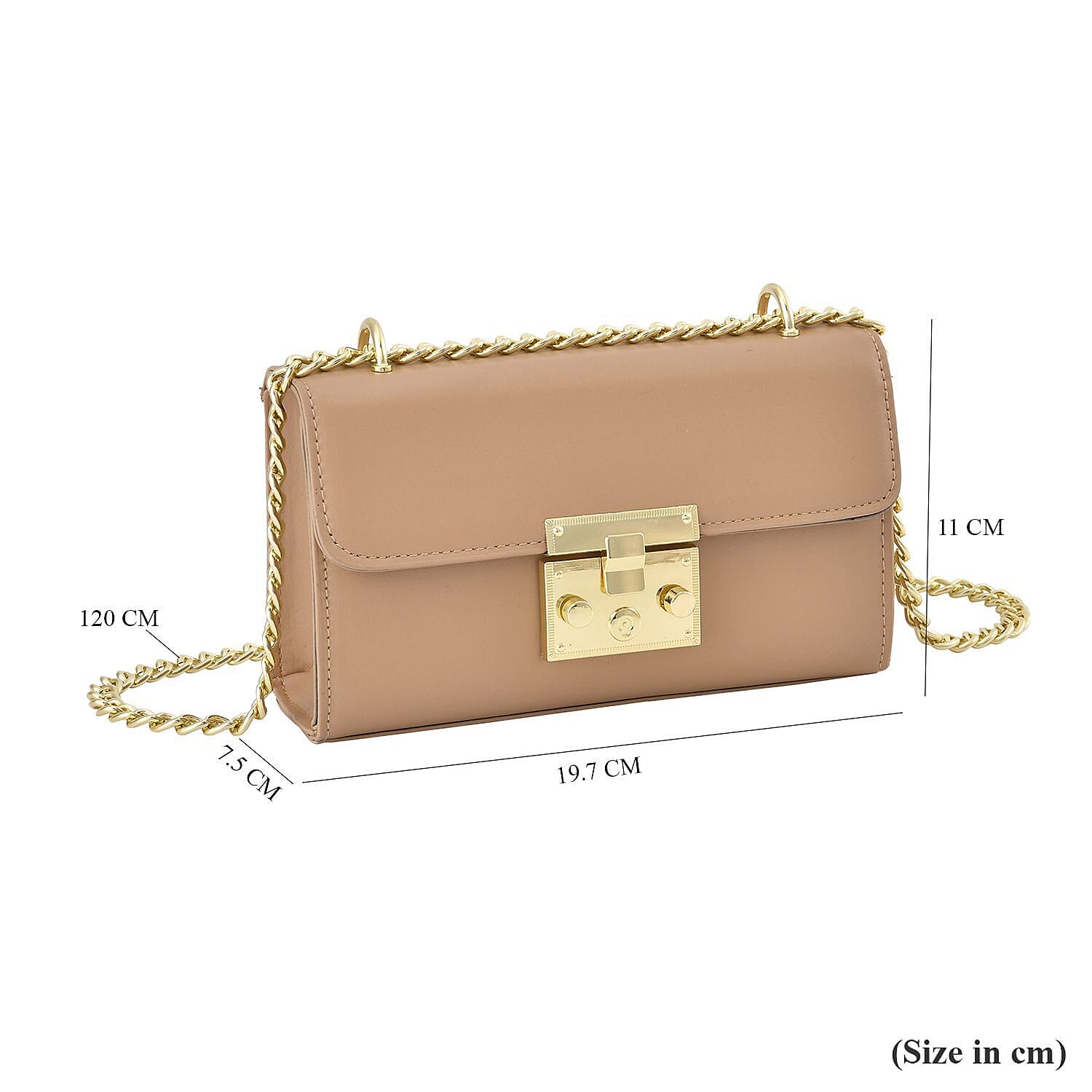 Solid Shoulder Bag with Squeeze Lock and Chain Strap - Nude