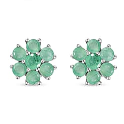 Zambian Emerald Floral Stud Earrings (With Push Back) in Platinum Overlay Sterling Silver 1.474 Ct.