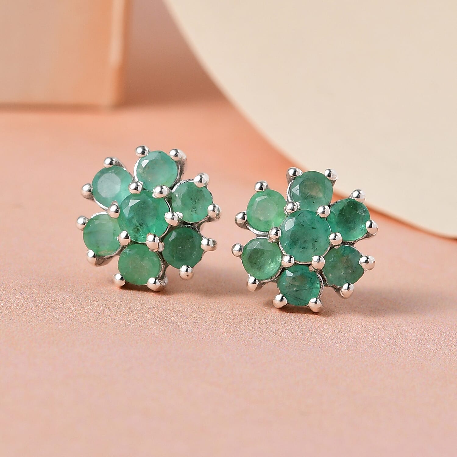 Zambian Emerald Floral Stud Earrings (With Push Back) in Platinum Overlay Sterling Silver 1.474 Ct.