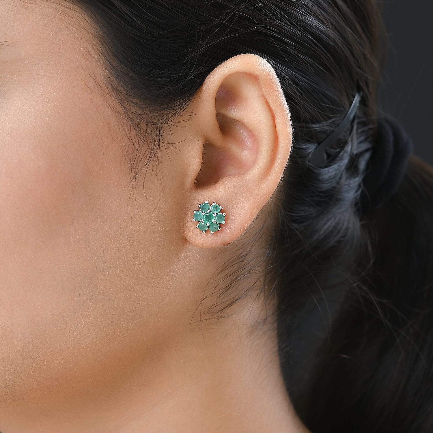 Zambian Emerald Floral Stud Earrings (With Push Back) in Platinum Overlay Sterling Silver 1.474 Ct.