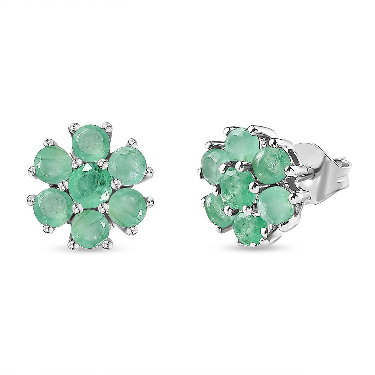 Zambian Emerald Floral Stud Earrings (With Push Back) in Platinum Overlay Sterling Silver 1.474 Ct.