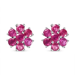 African Ruby Floral Stud Earrings (With Push Back) in Platinum Overlay Sterling Silver 3.38 Ct.