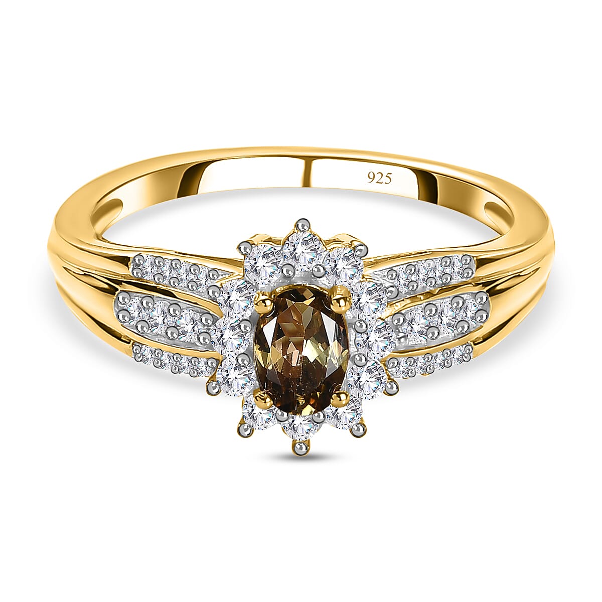 Natural Golden Tanzanite and Natural Cambodian Zircon Ring in 18K Vermeil Yellow Gold Overlay Sterling Silver 1.060 Ct.