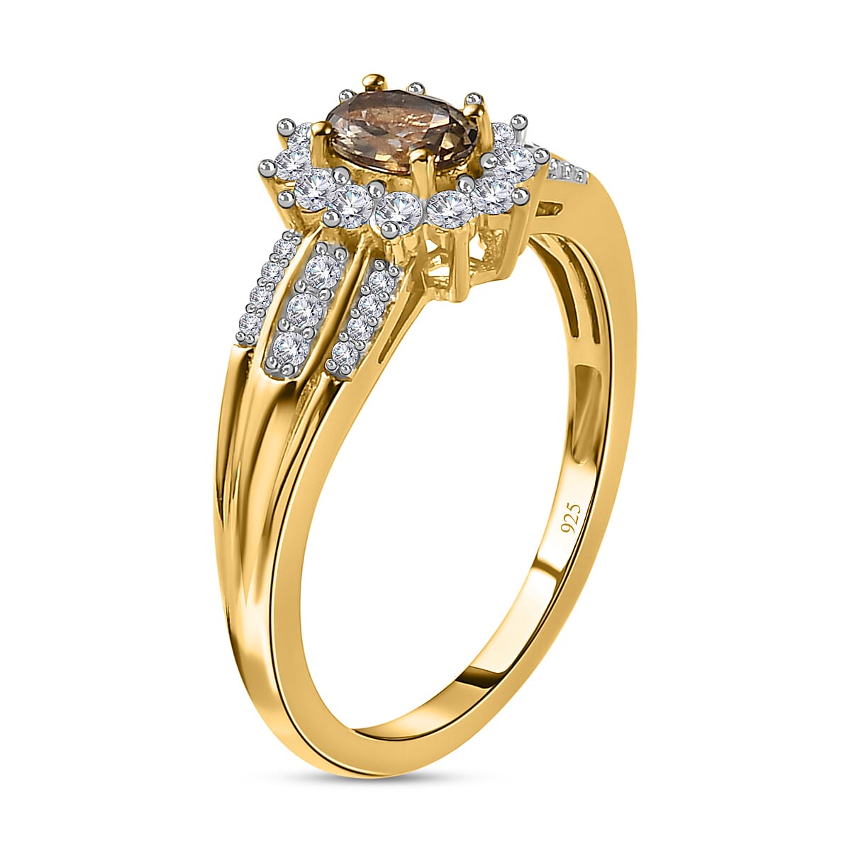 Natural Golden Tanzanite and Natural Cambodian Zircon Ring in 18K Vermeil Yellow Gold Overlay Sterling Silver 1.060 Ct.