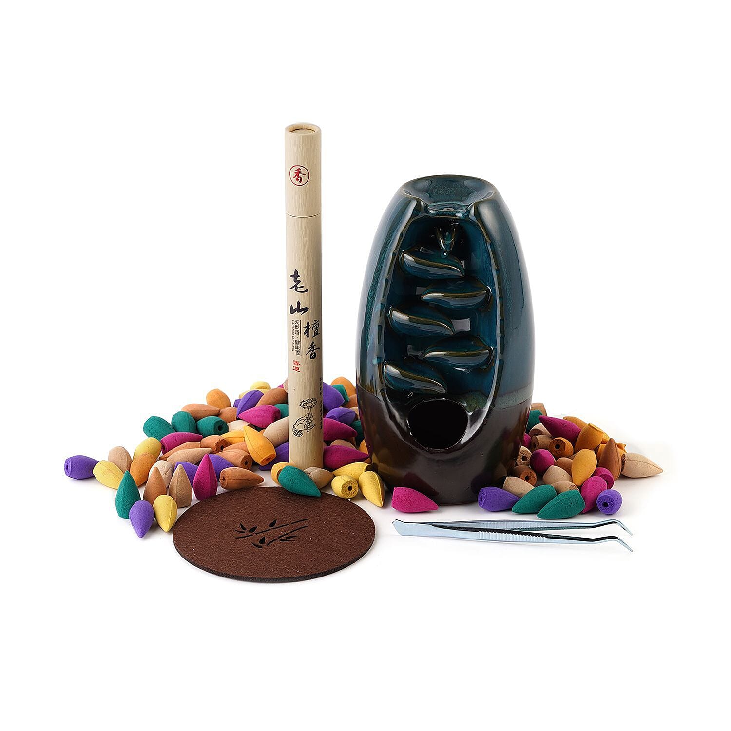 Ceramic Backflow Incense Holder with 120 Incense Cones, 30 Sticks, Tweezer and Base - Blue