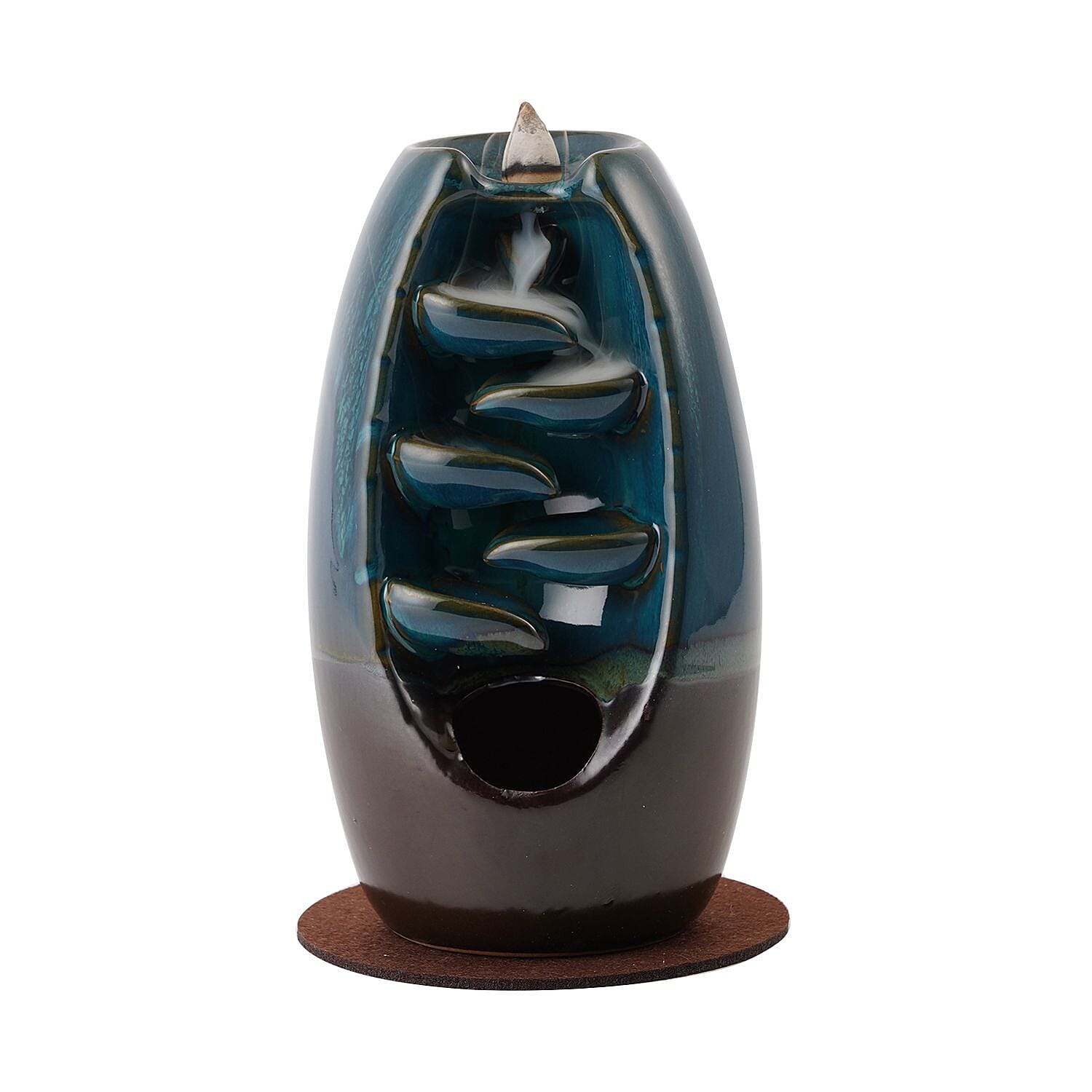 Ceramic Backflow Incense Holder with 120 Incense Cones, 30 Sticks, Tweezer and Base - Blue