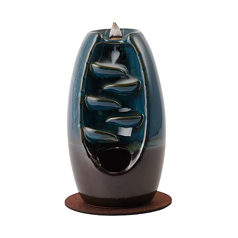 Ceramic Backflow Incense Holder with 120 Incense Cones, 30 Sticks, Tweezer and Base - Blue