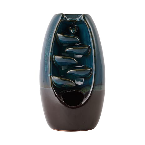 Ceramic Backflow Incense Holder with 120 Incense Cones, 30 Sticks, Tweezer and Base - Blue