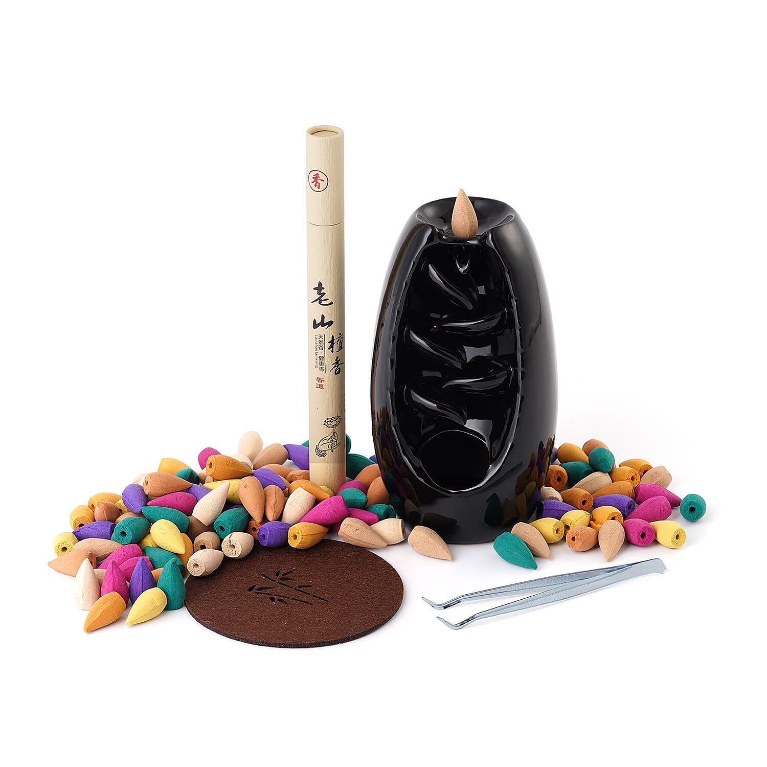 Ceramic Backflow Incense Holder with 120 Incense Cones, 30 sticks, Tweezer and Base - Black