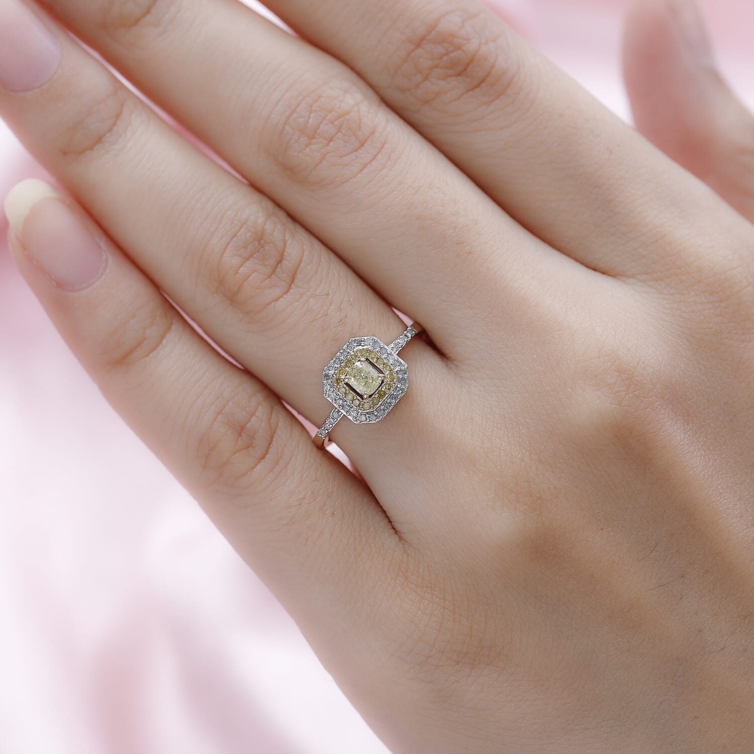 9K Yellow Gold SGL Certified Natural Yellow Diamond and White Diamond (G-H) Halo Ring 0.50 Ct.