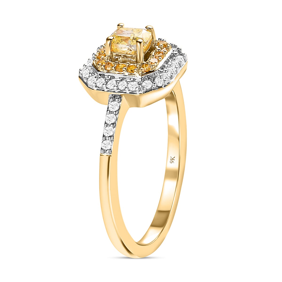 9K Yellow Gold SGL Certified Natural Yellow Diamond and White Diamond (G-H) Halo Ring 0.50 Ct.