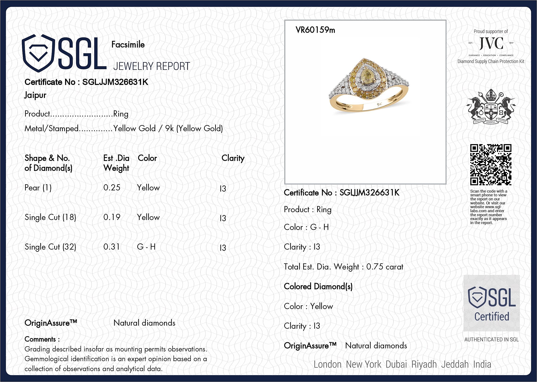 9K Yellow Gold SGL Certified Natural Yellow and White Diamond (G-H) Cluster Ring 0.75 Ct.