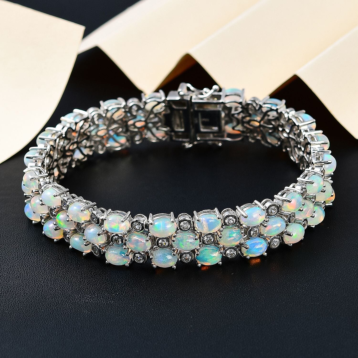 Ethiopian Welo Opal and Natural Cambodian Zircon Bracelet (Size - 7.5) in Platinum Overlay Sterling Silver 20.69 Ct, Silver Wt. 26.00 Gms.