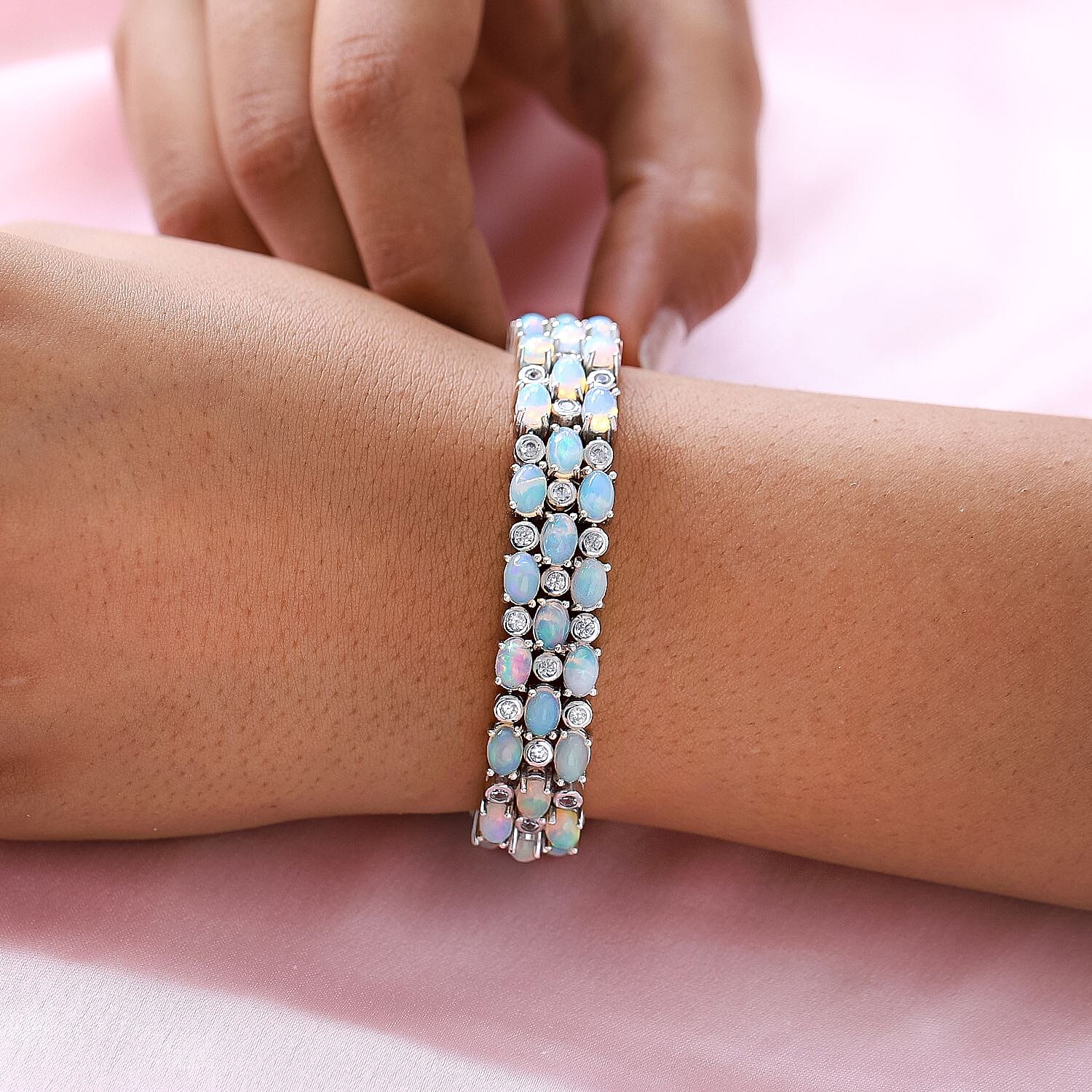 Ethiopian Welo Opal and Natural Cambodian Zircon Bracelet (Size - 7.5) in Platinum Overlay Sterling Silver 20.69 Ct, Silver Wt. 26.00 Gms.
