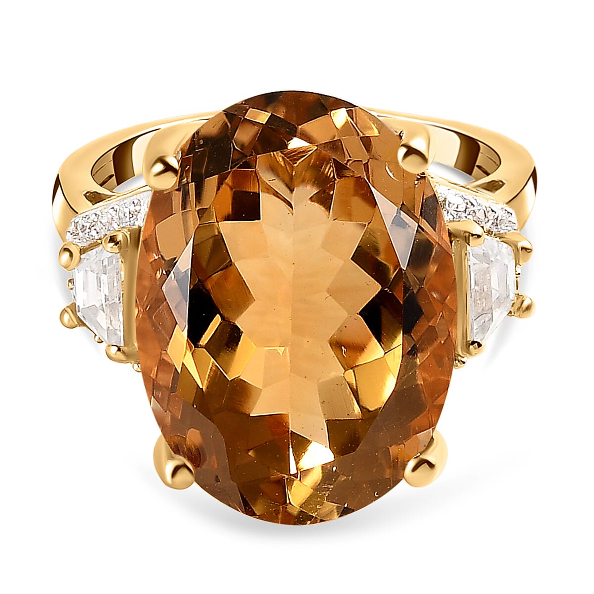 Citrine and Natural Cambodian Zircon Ring in 18K Vermeil Yellow Gold Plated Sterling Silver 13.05 Ct.