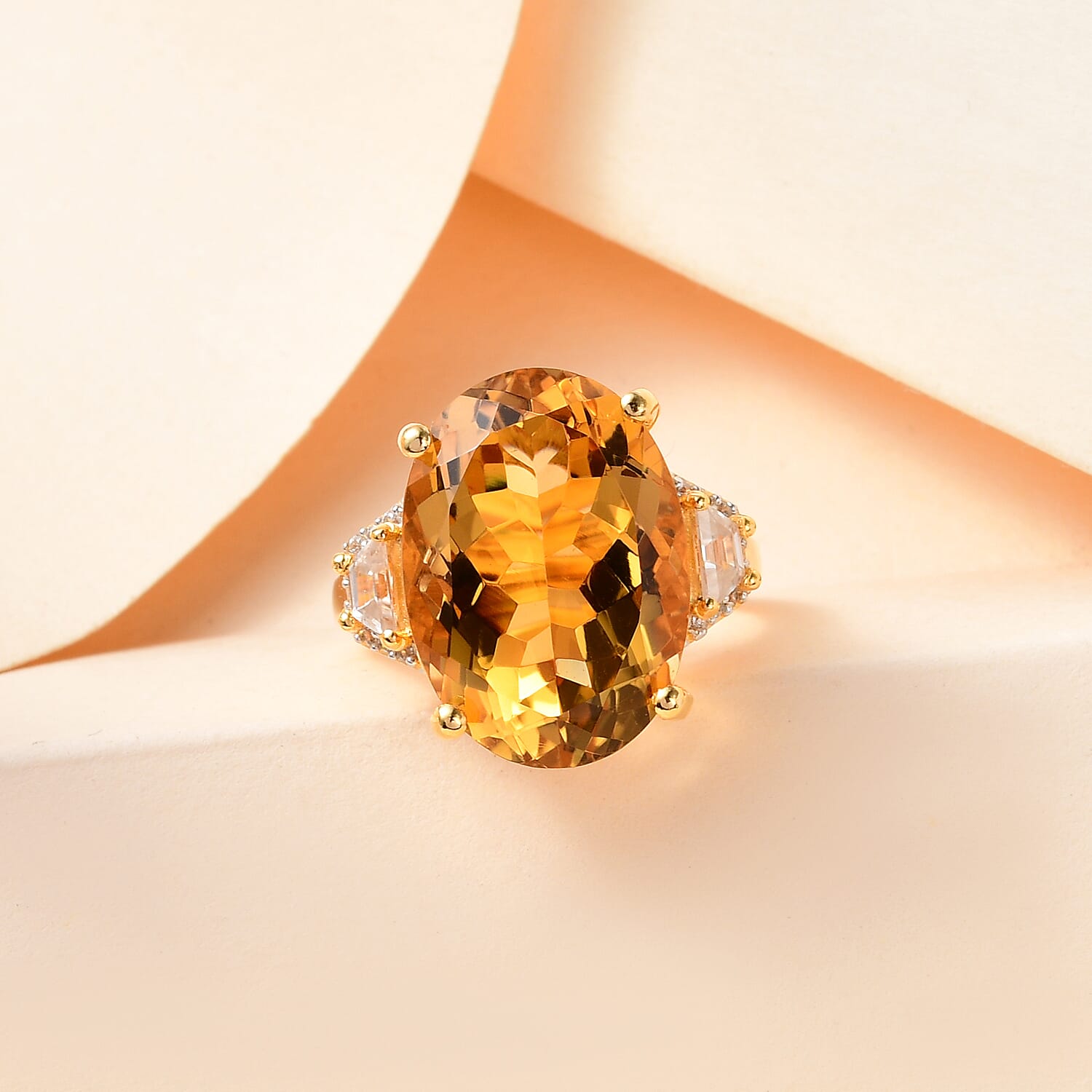 Citrine and Natural Cambodian Zircon Ring in 18K Vermeil Yellow Gold Plated Sterling Silver 13.05 Ct.