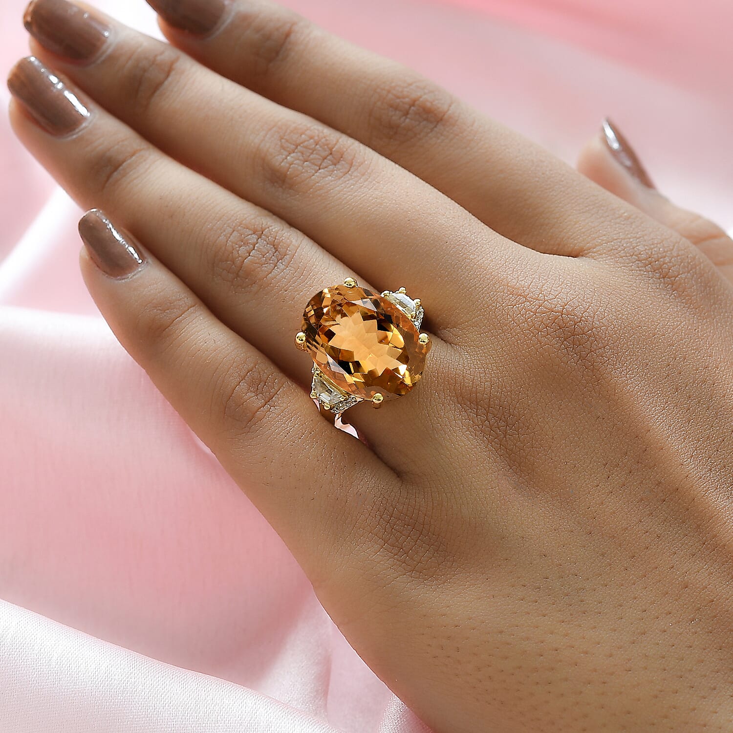 Citrine and Natural Cambodian Zircon Ring in 18K Vermeil Yellow Gold Plated Sterling Silver 13.05 Ct.