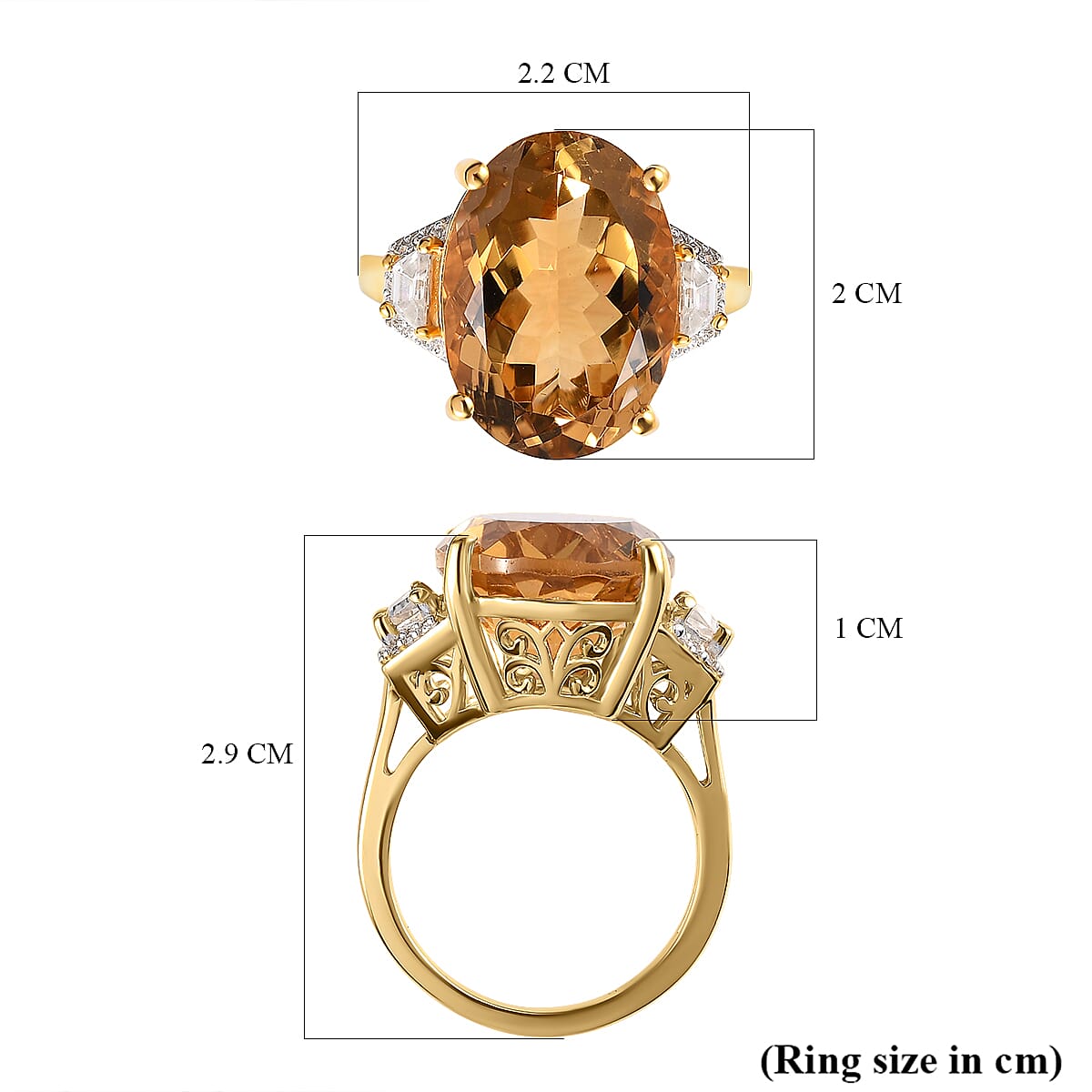 Citrine and Natural Cambodian Zircon Ring in 18K Vermeil Yellow Gold Plated Sterling Silver 13.05 Ct.