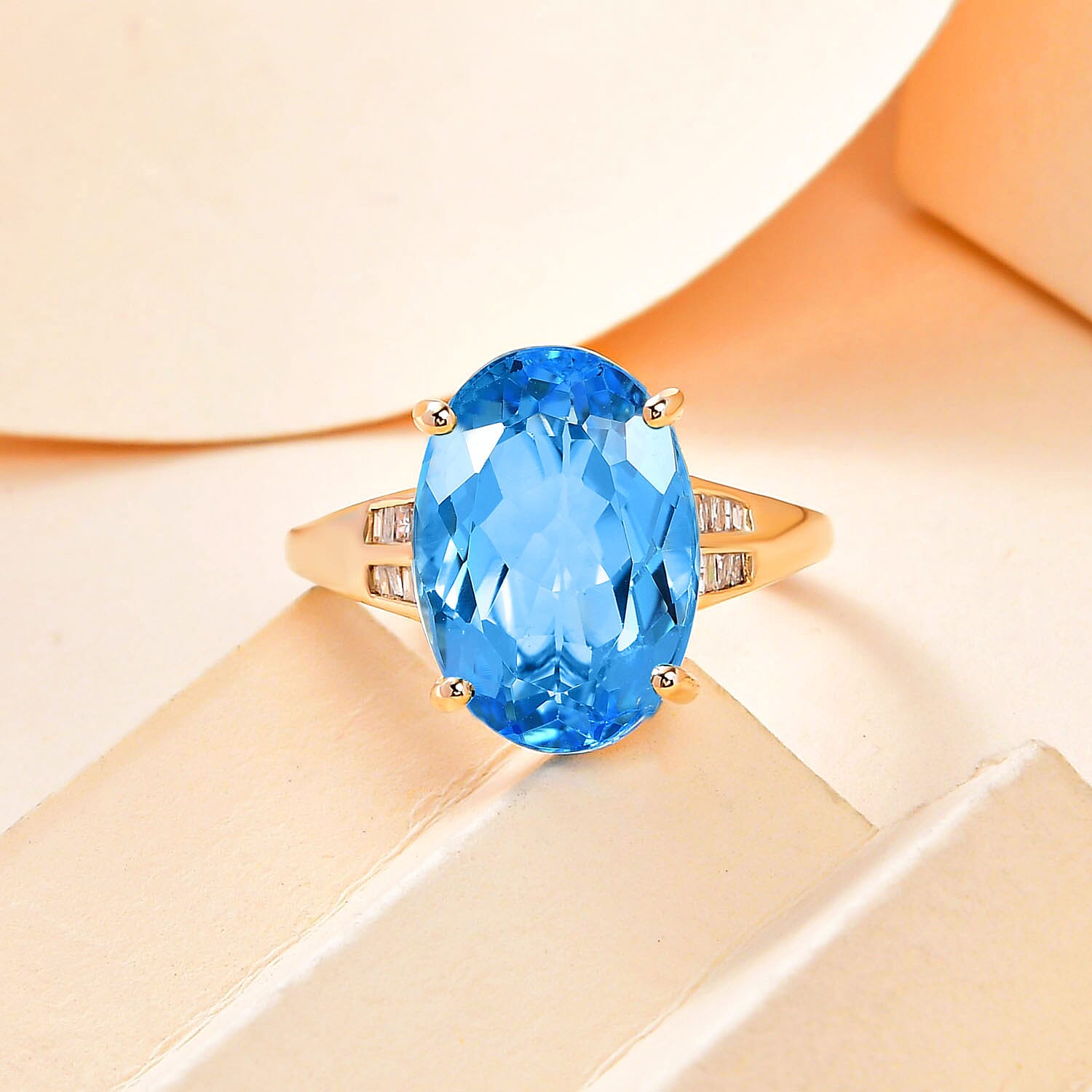 9K Yellow Gold Marambaia Electric Blue Topaz and Diamond Ring 7.68 Ct.