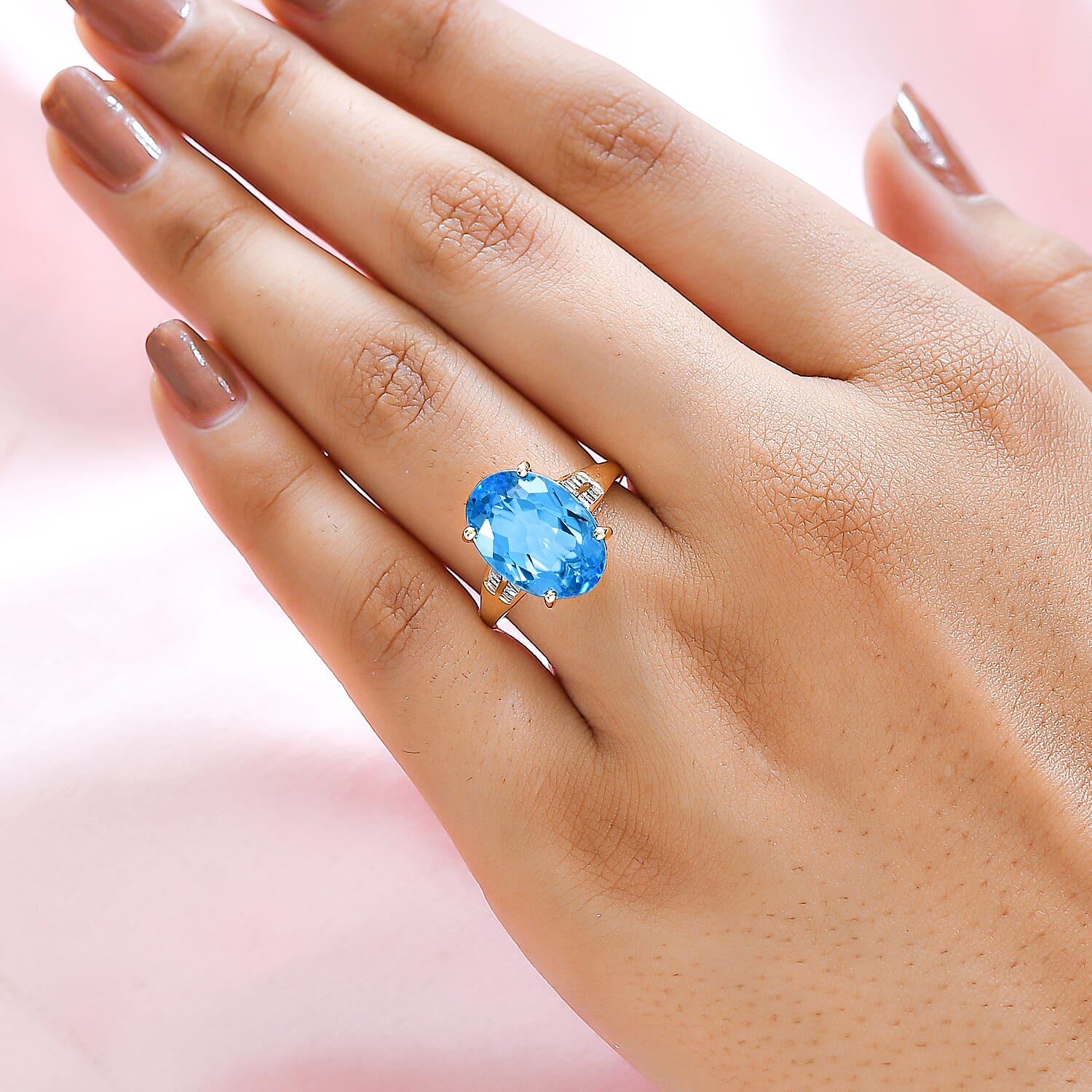 9K Yellow Gold Marambaia Electric Blue Topaz and Diamond Ring 7.68 Ct.