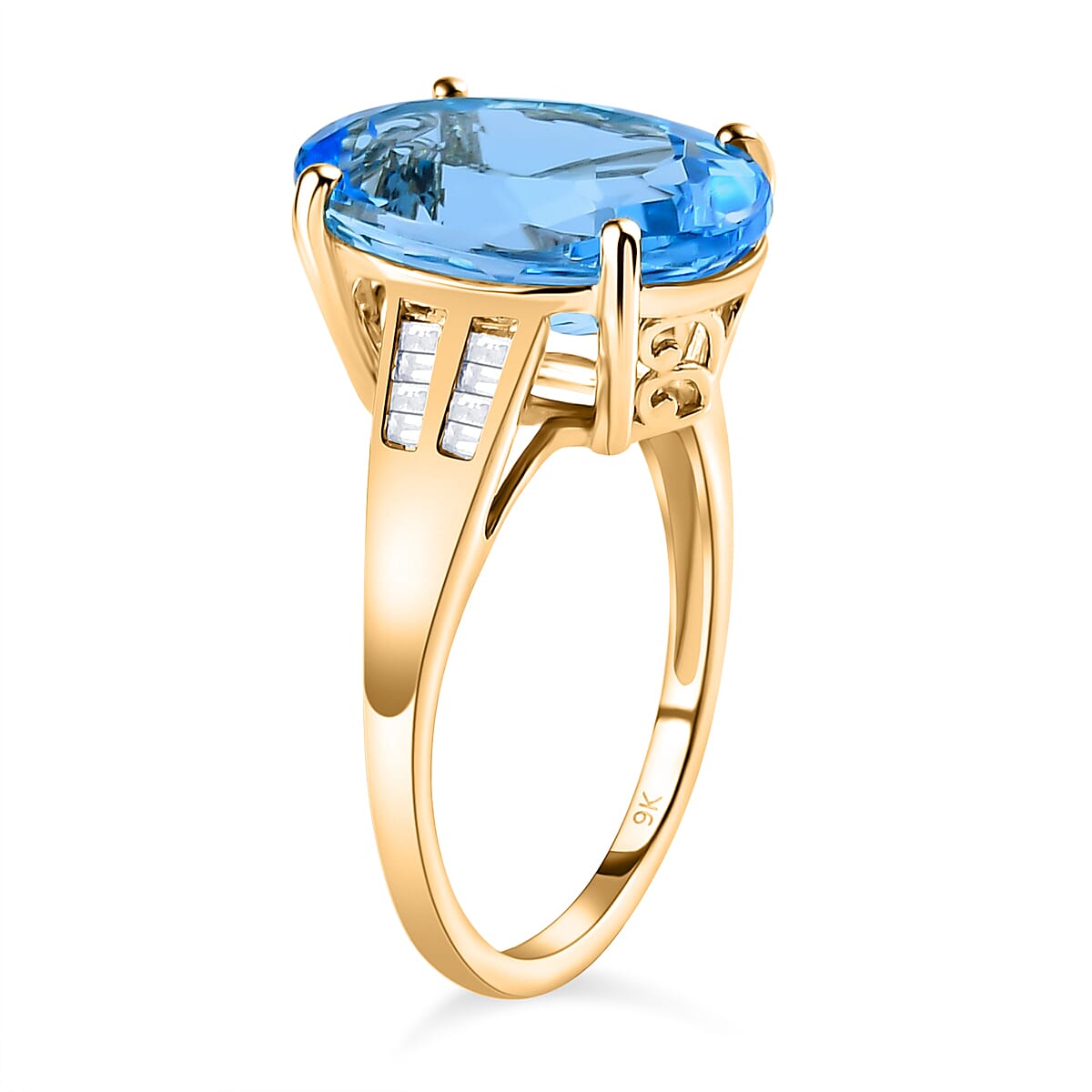 9K Yellow Gold Marambaia Electric Blue Topaz and Diamond Ring 7.68 Ct.