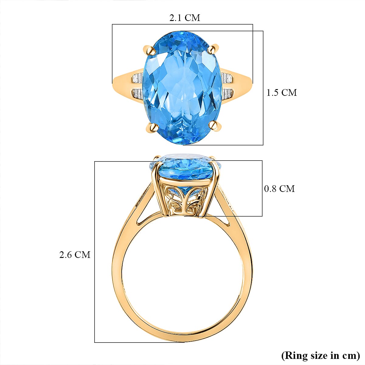 9K Yellow Gold Marambaia Electric Blue Topaz and Diamond Ring 7.68 Ct.
