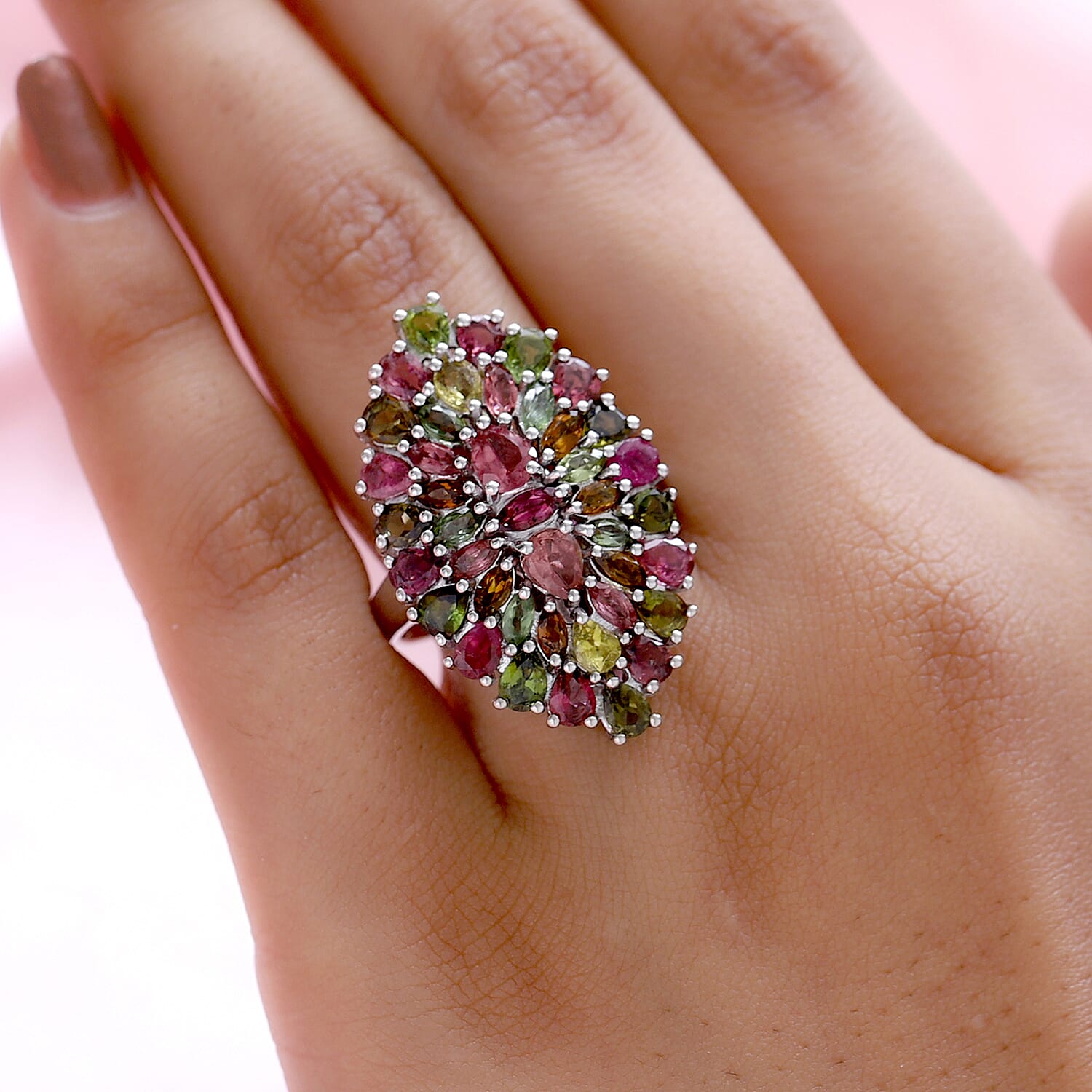 Multi -Tourmaline Cluster Ring in Platinum Overlay Sterling Silver 4.40 Ct.
