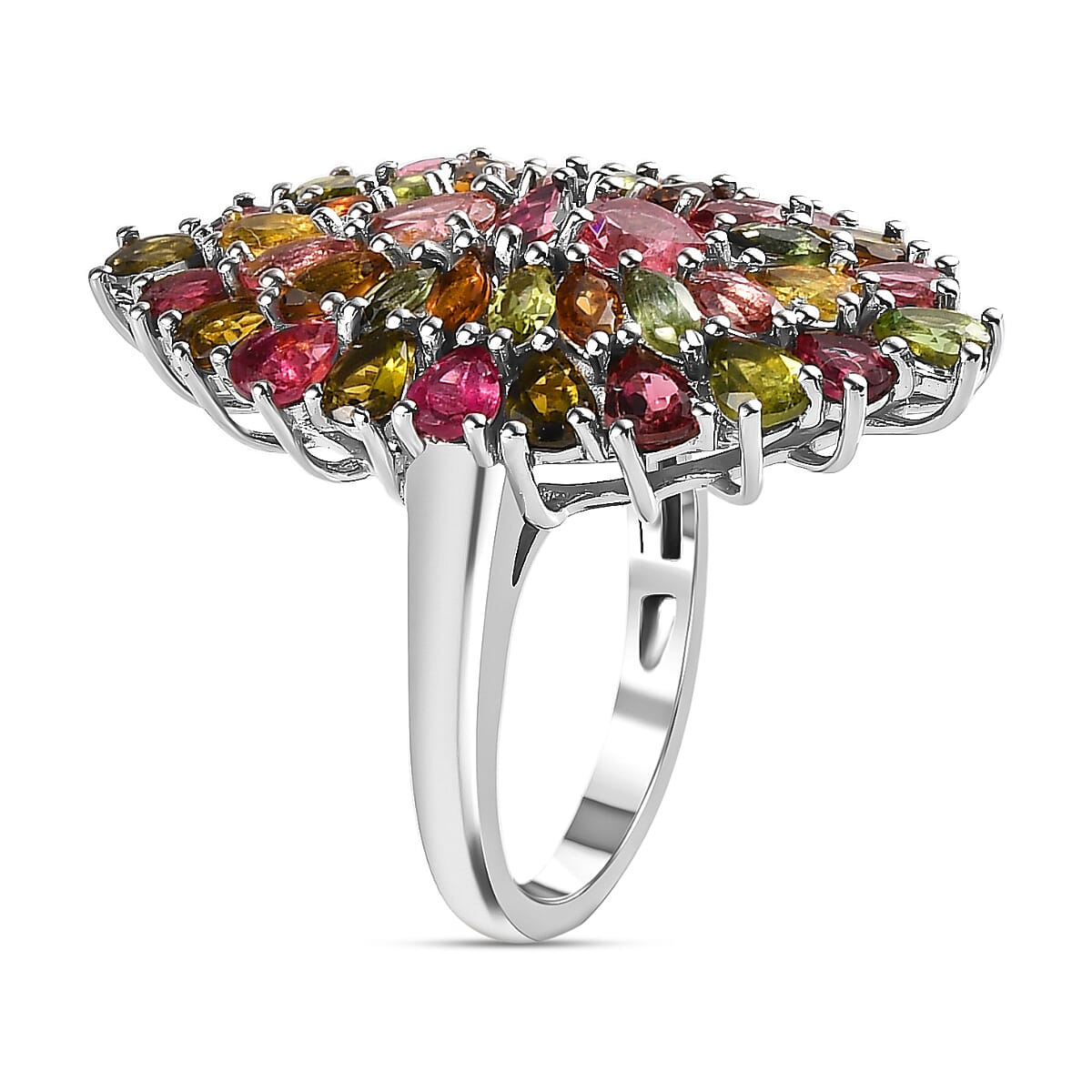 Multi -Tourmaline Cluster Ring in Platinum Overlay Sterling Silver 4.40 Ct.