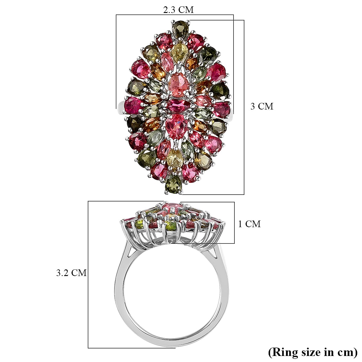 Multi -Tourmaline Cluster Ring in Platinum Overlay Sterling Silver 4.40 Ct.